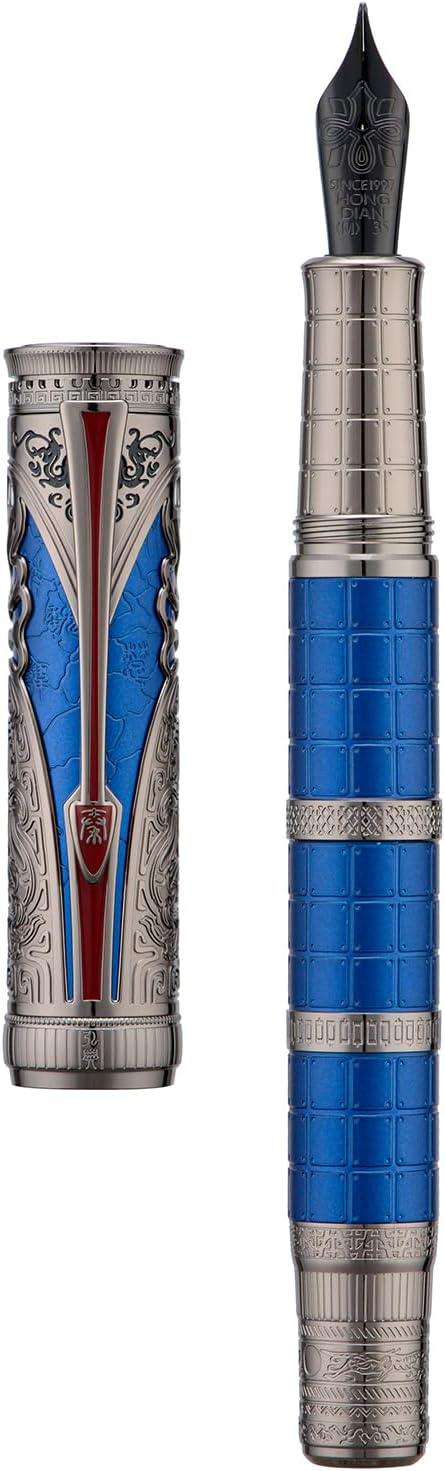 Hongdian D5X Fountain Pen Blue Color Medium Nib, Qin Dynasty Retro Chinese Totem Engraving Smooth Writing Pen with Converter and Pen Box Set