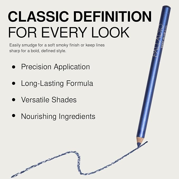 Palladio Wooden Eyeliner Pencil, Thin Pencil Shape, Easy Application, Firm yet Smooth Formula, Perfectly Outlined Eyes, Contour and Line, Long Lasting, Rich Pigment, Deep Blue