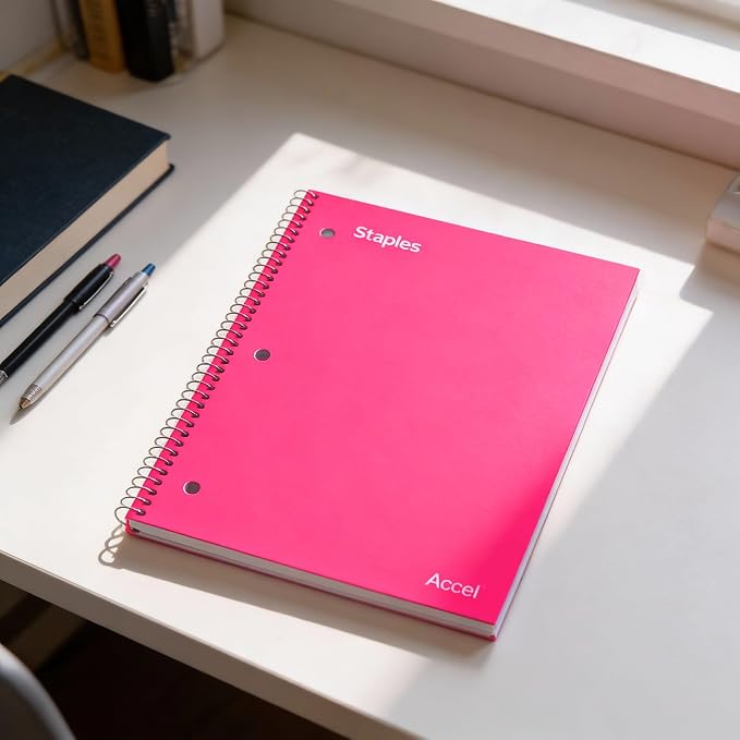 STAPLES Durable Poly Cover 1‑Subject Notebook, 8.5” x 11”, College Ruled, Pink
