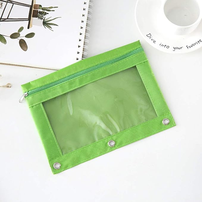 Zippered Pen Pencil Binder Pouch | 3 Rings with Clear Window for School Classroom Organizers 8 Pcs (Green)