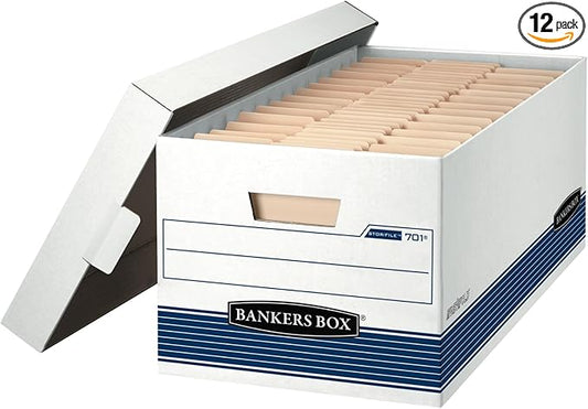 Bankers Box 12-Pack Medium-Duty File Storage Boxes, 24in Letter, FastFold | Speed through filing with FastFold setup, sturdy stacking, reinforced handles, and dependable document protection.