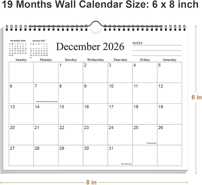 Small Wall Calendar 2026-2027 - Mini Calendar 2026-2027 from July 2026 - December 2027, 18 Months Little Calendar with Premium Paper, 6" x 8", Black