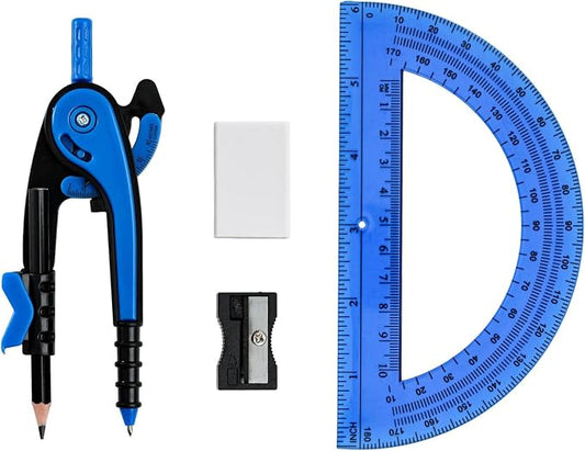 Vobou Compass for Geometry Set, 6 Inch Clear Protractor (Dark Blue) | 6 Inch Compass, Sharpener and Eraser, Easy Grip, Drafting Tool for Scool, Art, Drawing Precision Design for Math