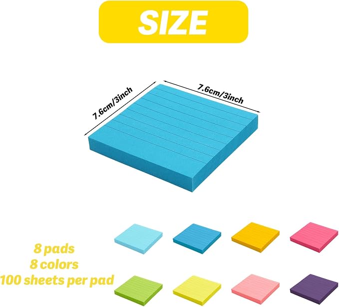 Lined Sticky Notes Pop Up Sticky Notes with Lines 8 Pads 8 Colors 3x3 100 Sheets Large Self-Stick Lined Stickies College Ruled Note Pads Teacher Back to School Supplies and Oﬃce Products