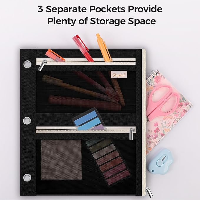 SKYDUE Pencil Pouch for Binder, Pencil Case, 3 Ring Binder Pencil Pouch with 3 Pockets and Mesh Window, Zipper Pencil Pouch, Durable Organizer for School Supplies, Cables, Earbuds, Makeup