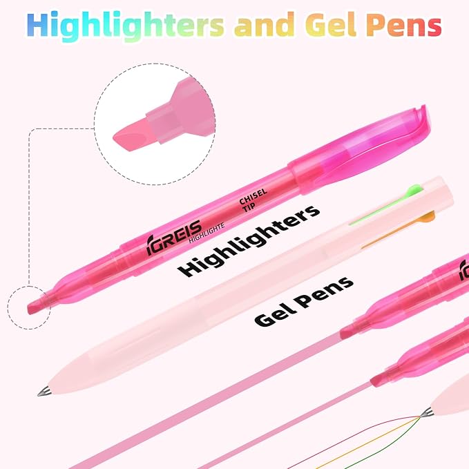 20 Pcs Highlighters and Gel Pens Set, 6 Color Highlighters and 2 Pcs 3 in 1 Multicolor Gel Pens, Chisel Tip Highlighters Assorted Colors, Quick Dry, Perfect for Class, School, Office