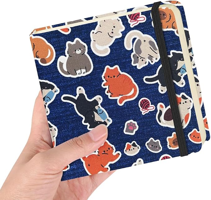 4.8" Square Pocket Sketch Book,Hardcover Art Sketchbook for Drawing Journal | Cloth Cover,80gsm Blank Paper,96Sheets,Lay-Flat,Portable Travel Creation Paint Diary Memo Planner,Dry Media.Line Ball Cat