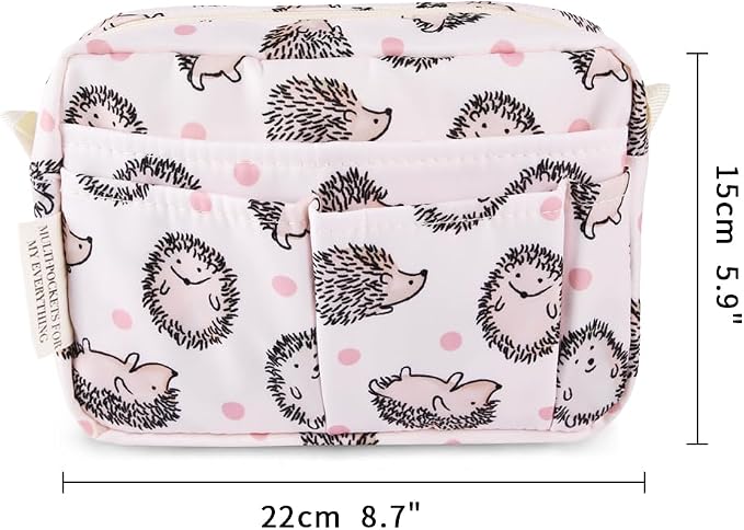E-WEICHEN Multiple Pockets Portfolio Organizer with Zippered, Makeup Bag Travel Essentials for Women, Simple Waterproof Stationery Pencil Pouch Bag for Journal Office Art Supplies.Pink Hedgehog