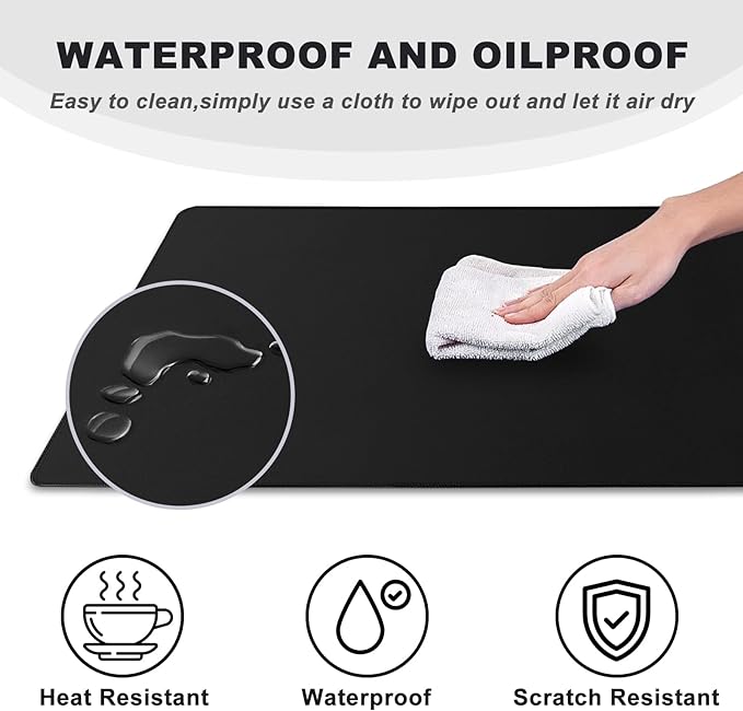 31.5" x 15.7" Waterproof Fabric Desk Pad, Rubber Anti-Slip Base, Stitched Edges No Curling, Fits Laptop Keyboard and Mouse, Smooth Office Mat Large Mouse Pad for Work Game, Black