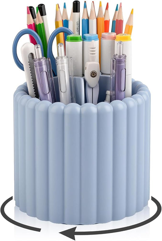 Anyoifax 360° Rotating Pen Holder for Desk Removable Pencil Organizer, Blue | 7 Slots Pen Cup Cute Office Supplies and Accessories Plastic Desktop Storage Box Art Caddy for School, Work, Home