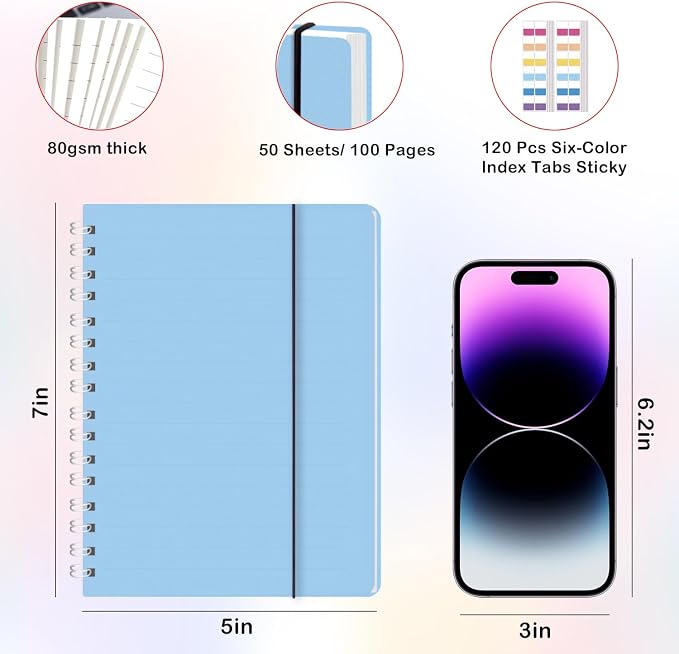 PAIKIUU 4 Pack Spiral Notebooks 5 x 7 in College Ruled, Mini Spiral Notebook, Waterproof 80 Sheets/160 Pages, Pocket Notebook with 120 Pcs Sticky Index Tabs for Home Office College School