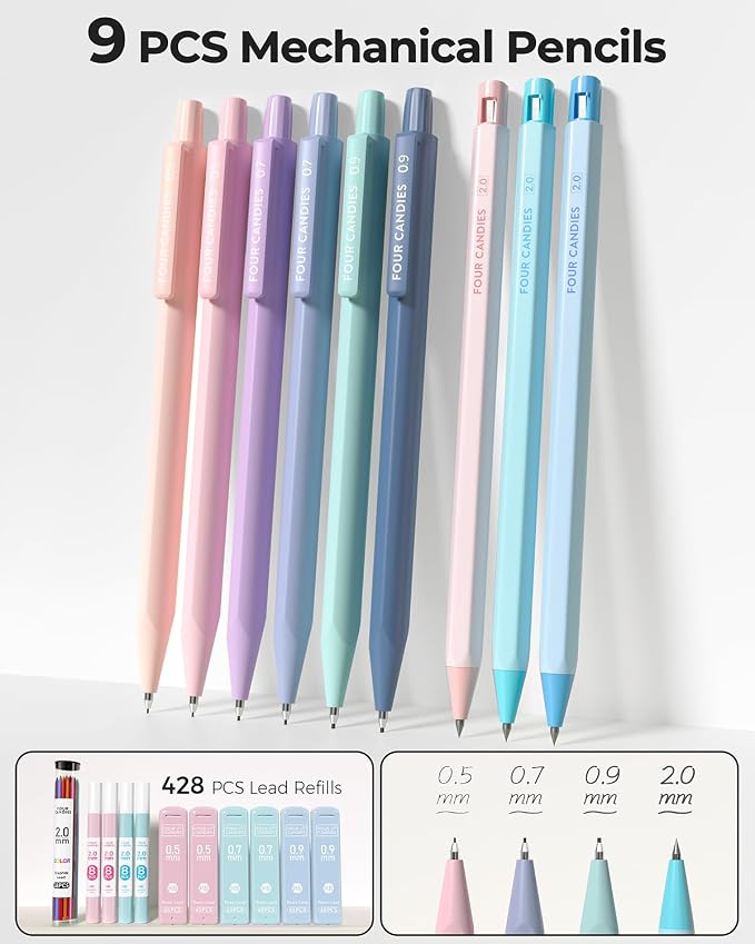 Four Candies 56 PCS Aesthetic School Supplies with Pencil Case (Grey) | 6 Multicolor Pens, 12 Pastel Highlighters, 5 Black Gel Pens, 9 Mechanical Pencils, Student Stationery Set College Essentials