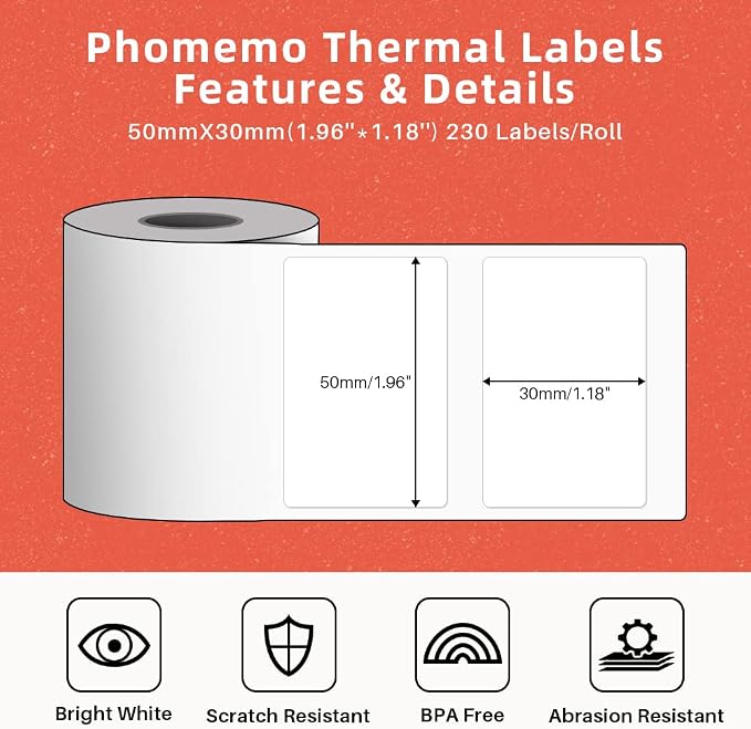 Phomemo Thermal Sticker Label Paper for M120/M110/M220/M250/M150 Label Maker Machine, Multi-Purpose Self-Adhesive Tag 1.96'' x 1.18"(50X 30mm), 230 Labels/Roll,Black on White (Pack of 2)