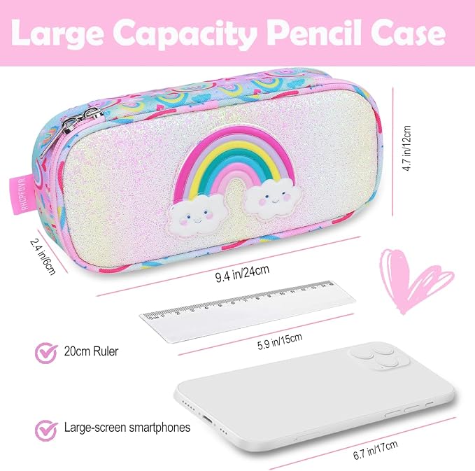 RHCPFOVR Kids Pencil Case for Girls-Soft Zipper Large Capacity Pencil Pouch for Girls Pencil Case for School Pencil Bag for Toddler (Pink-Rainbow)
