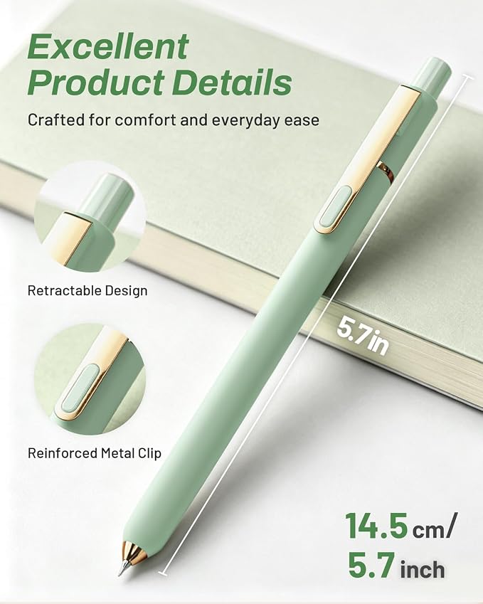 SUNEE Gel Pens, 6 Pack 0.5mm Pens Fine Point Smooth Writing Pens with Quick-Dry Black Ink, Cute Aesthetic School Office Note-Taking Pens for Journaling - Light Green