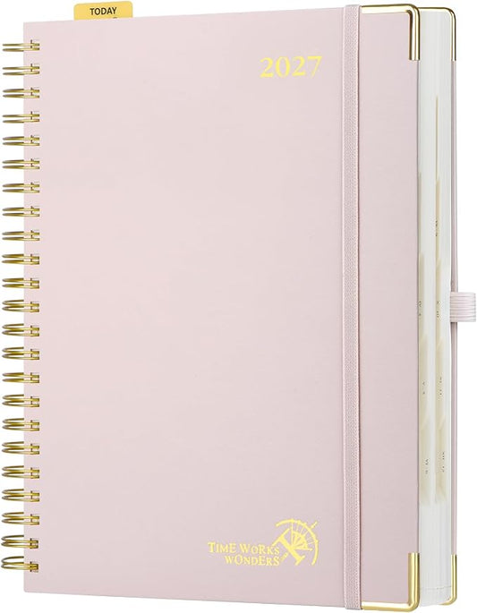 POPRUN 2027 Daily Planner One Page Per Day, Large 8.5" x 12", Calendar Book from Jan 2027 - Dec 2027, Hardcover Appointment Book with Hourly Time Slots, Spiral Bound, Monthly Tabs - Light Pink
