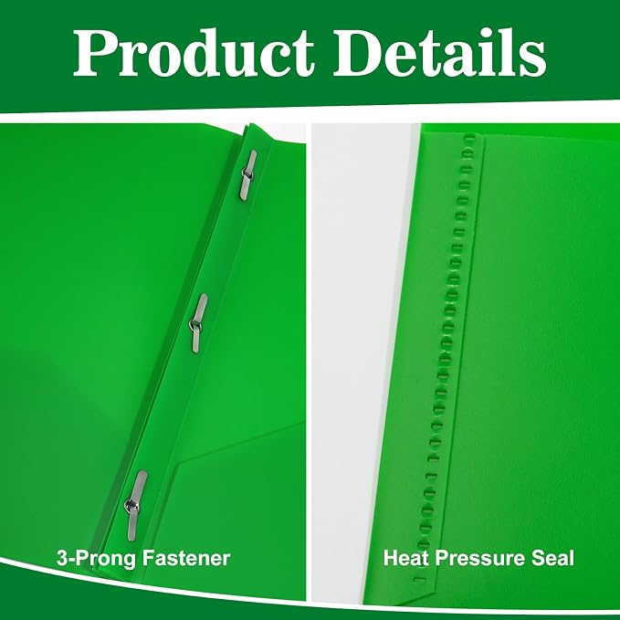 12-Pack Plastic Folders with Pockets and Prongs, 2-Pocket Poly Folders with 3 Fasteners Holds 8-1/2" x 11" Paper for School/Office/Home, Green