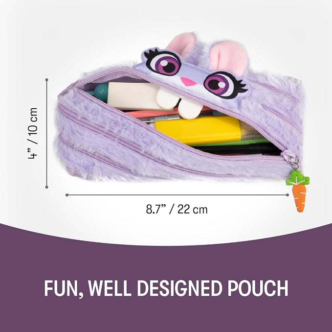 ZIPIT Bunny Pencil Case for Girls, Cute Zipper Pouch for Kids Teens, Stationery Bag for School,Purple