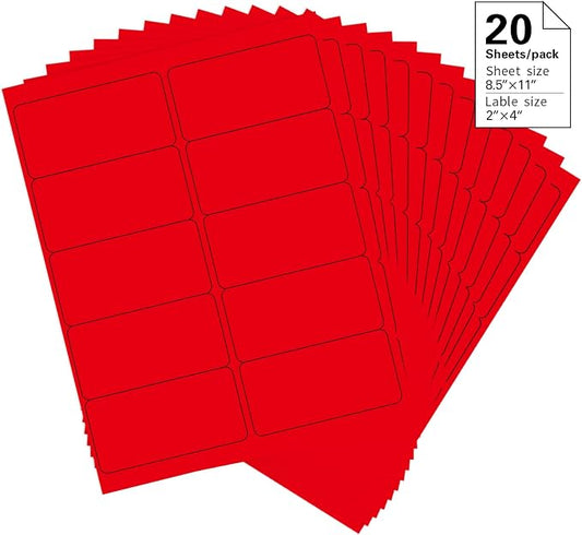 2" x 4" Colored Address Labels, 200 Bright Red Label Stickers- Laser/Ink Jet Printer Mailing Labels, 8.5"x11" 20 per Sheet