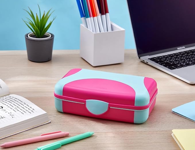 LockerMate by Bostitch Hard Pencil Case, Durable Plastic Pencil Box, Kid-Friendly Design, Pink & Blue