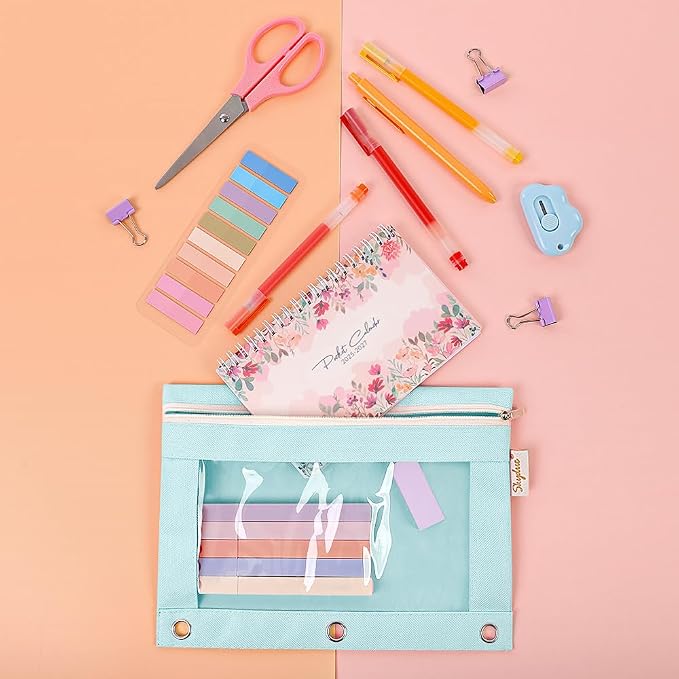 SKYDUE Pencil Pouches for 3 Ring Binder, Zipper Pencil Pouch for Girls Boys, Clear Window Pencil Bag, 3 Ring Pencil Pouch Case for Binder, Durable Organizer for School Supplies