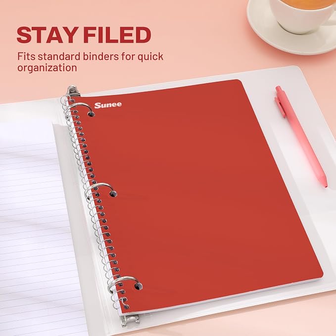 SUNEE Spiral Notebooks, 3 Pack, 1-Subject, College Ruled Paper, 8" x 10-1/2", 70 Sheets per Notebook, Assorted Colors Spiral Notebooks for School (Brick Red, Blue, Yellow)
