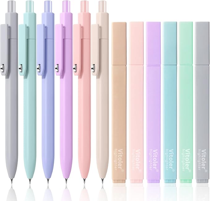 Piochoo Highlighters and Pens Set, 6 Aesthetic Highlighters and 6 Black Ink Gel Pens Fine Point Tip for Women Nurse Bible Study, Journaling, School and Office Supplies