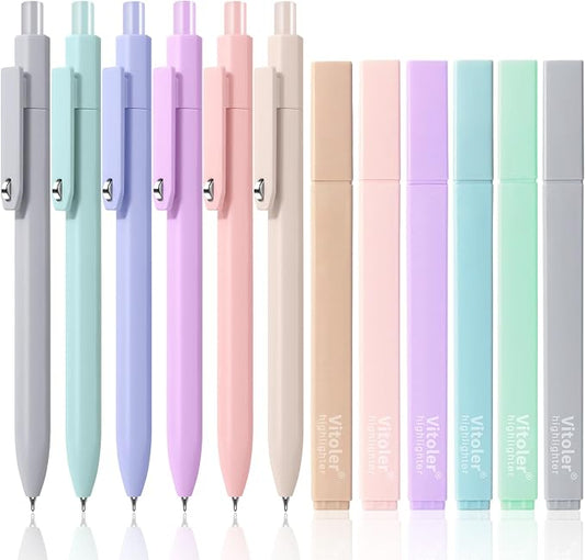 Piochoo Highlighters and Pens Set, 6 Aesthetic Highlighters and 6 Black Ink Gel Pens Fine Point Tip for Women Nurse Bible Study, Journaling, School and Office Supplies