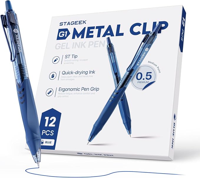 STAGEEK GX1 12 Pack Blue Gel Pens, Quick Dry Blue Ink Pen, 0.5mm Fine Point Retractable Smooth Writing Pens for Journaling, Writing, Business Gel Pen for Office School & Home Supplies(Blue)