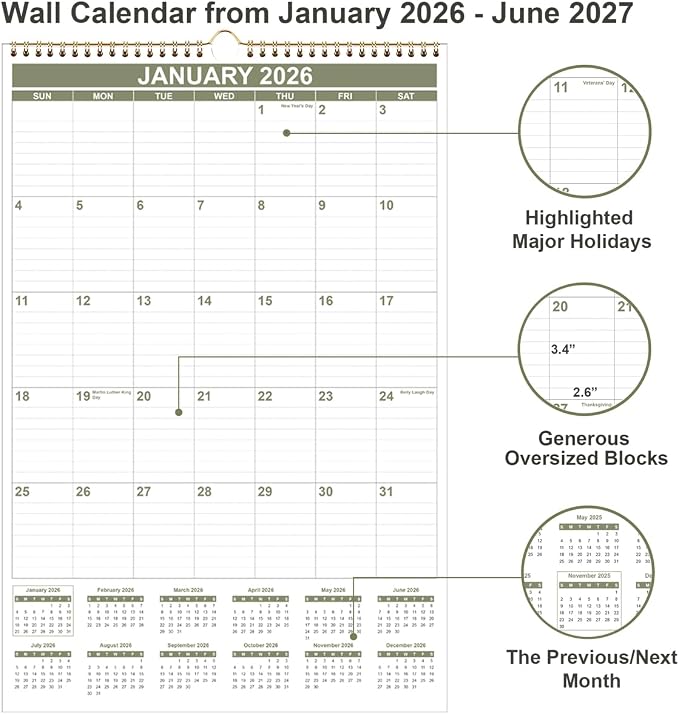 2026-2027 Wall Calendar - Large Calendar 2026-2027 from July 2026 - June 2027, 18 Months Calendar/Planner with Thick Paper, 20" x 30", Vertical, Cyan