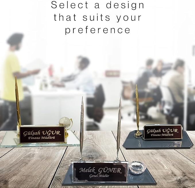 MOOGCO Custom Desk Name Plate : Black Glass Desk Name Plate with Clock, Pen Holder with 2 Pens, Cardholder - Desktop Nameplate, Desk Organizer (Glass With Globe)