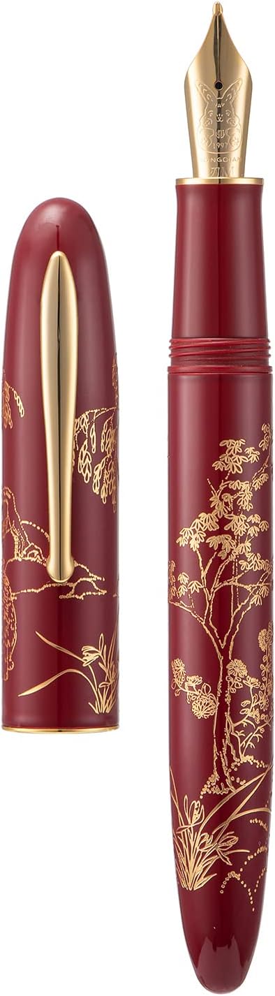 HONG DIAN N23 Red Rabbit Fountain Pen, Long Blade Medium Nib Gold Trim, New Year Lucky Rabbit Carving Design, Smooth Writing Pen with Converter and Metal Pen Box Set