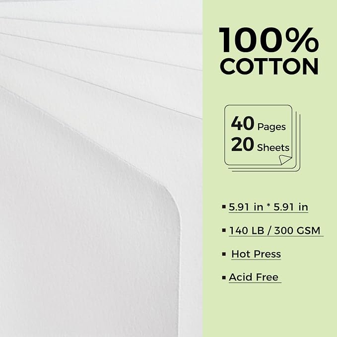 Watercolor Journal - 100% Cotton Hot Press Paper | 20 Sheets 40 Pages | 300GSM (140lb) | Linen Cotton Cover Watercolor Sketch Books for Artists Painting,Mixed Media 5.91 x 5.91 in