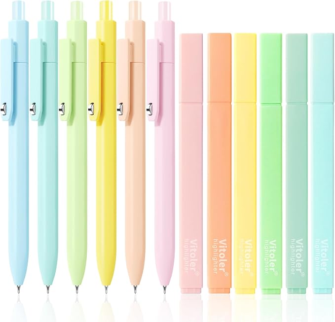 Piochoo Aesthetic Highlighters and Gel Pens,Chisel Tip Bible Highlighters and 0.5mm Black Ink Pens for Journaling Planner School Supplies