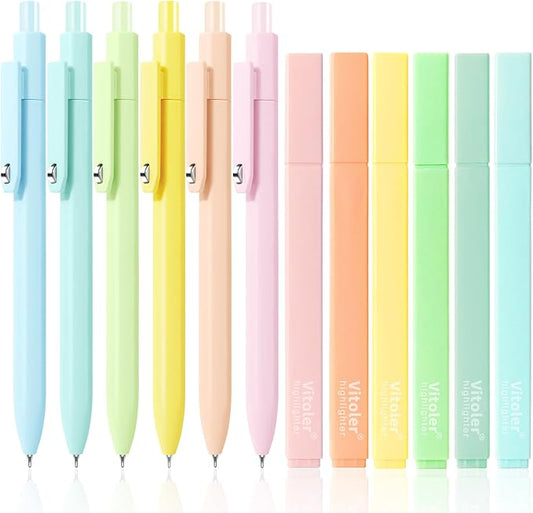 Piochoo Aesthetic Highlighters and Gel Pens,Chisel Tip Bible Highlighters and 0.5mm Black Ink Pens for Journaling Planner School Supplies
