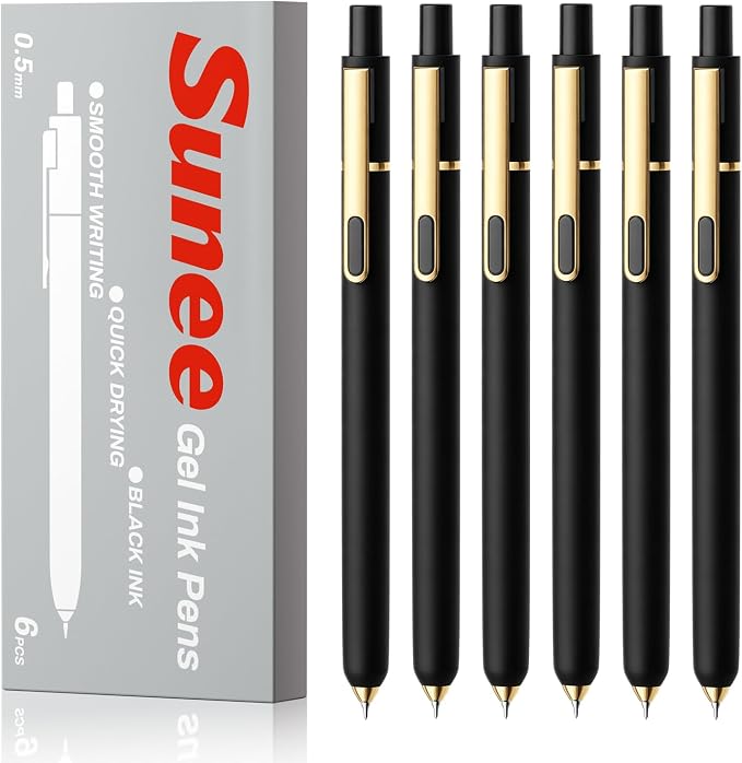SUNEE Gel Pens, 6 Pack 0.5mm Pens Fine Point Smooth Writing Pens with Quick-Dry Black Ink, Cute Aesthetic School Office Note-Taking Pens for Journaling - Black