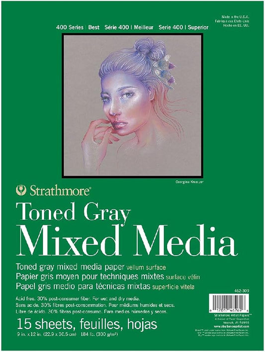 Strathmore 400 Series Toned Mixed Media Pad, 184 lb. Paper, 9 X 12 inches, Gray, 15 Sheets (462-309)