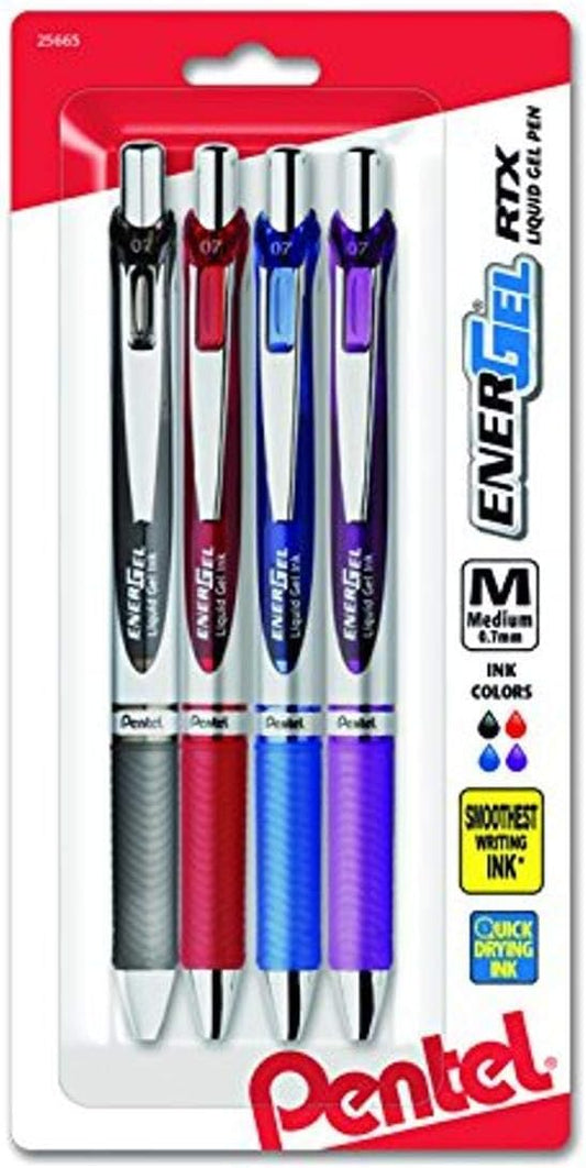 Pentel EnerGel RTX Retractable Liquid Gel Pen, Medium Line, Metal Tip, Assorted Ink 4-Pk (BL77BP4M)
