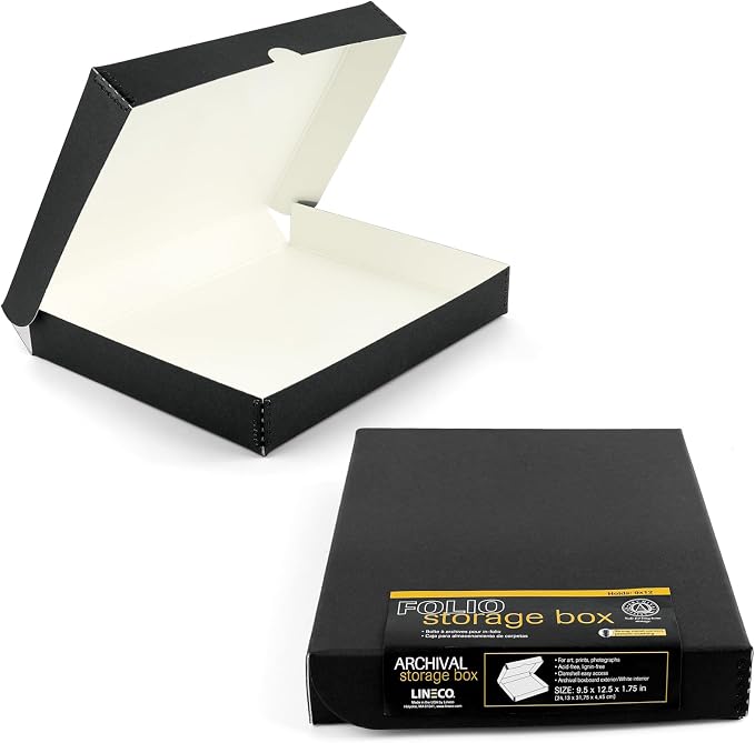 Lineco Clamshell Archival Storage Box, 9.5x12.5x1.75 Inch, Black, Pack of 2 | Acid-Free with Metal Edge Boxboard, Organize and Store Photos Documents Cards Negatives Magazine Prints Family Records DIY