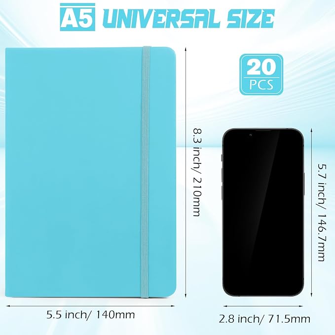 Honoson 20 Pack A5 Lined Journal Notebooks Hardcover Executive Notebook 5.5" x 8.3" PU Leather Wide Ruled Journals Bulk 160 Pages for Back to School Supplies Office Business Home (Emerald Blue)