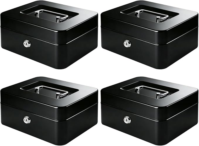 KYODOLED Metal Cash Box with Key Lock & Money Tray - Secure Safe for Home, Office & Events, Ideal for Cash, Meds & Small Items, 7.87" x 6.30" x 3.35", Black, 4 Pack