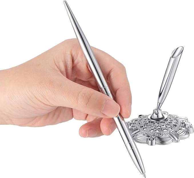 Outus 2 Pieces Wedding Pens for Guest Book Signing Pen with Metal Hollow Round Holder Stand Set for Wedding Bridal Engagement Reception Supplies(Silver)