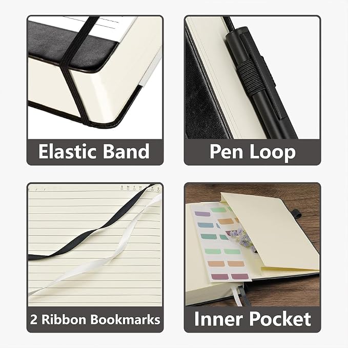 Hoci Poci 400 Pages Lined Journal Notebook, 5.8" x 8.4", Black | Thick Journal for Writing, A5 Hardcover Leather Notebook with 100Gsm College Ruled Paper for Women Men Work Note taking