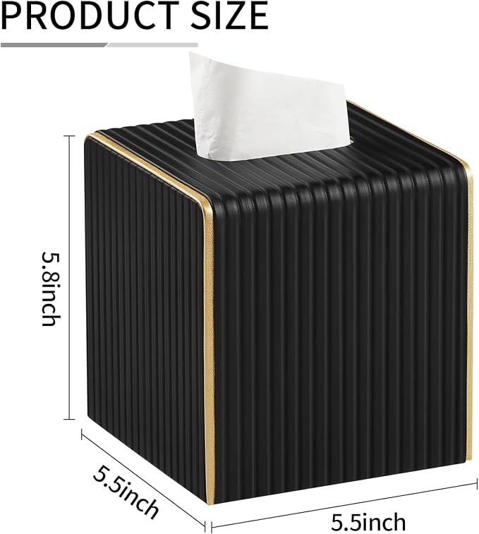 Square PU Leather Tissue Box Cover with Magnetic Closure, Decorative Tissue Holder & Storage Container for Bedroom, Living Room, Dining Room, Bathroom, Countertop, Desk & Office (Black)
