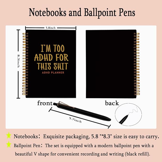 ADHD Planner for Adults Women - Funny A5 Spiral Notebook & Pen Set, Executive Functioning Journal, Sarcastic Office Must Haves, 80 Sheets College Ruled, Neurodivergent Gift, Black & Gold