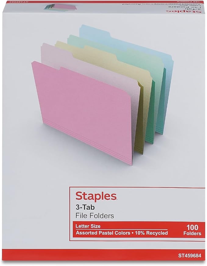 Staples File Folder, Letter Size, 1/3‑Cut Tabs, Assorted Pastel Colors, Durable Paper Stock, 200/Carton