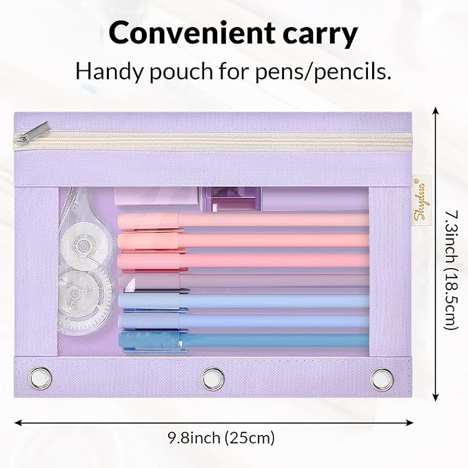 SKYDUE Pencil Pouch for 3 Ring Binder, Zipper Pencil Pouches for Girls Boys, Clear Window Pencil Bag, 3 Ring Pencil Pouch Case for Binder, Durable Organizer for School Supplies