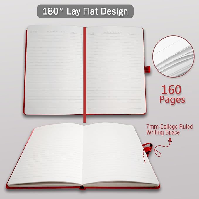Heture Hardcover Notebooks, A5 Lined Journals Notebook for Writing 160 Pages, 8.2 x 5.5 inch, Classic Ruled Notebooks for College/Work/Travel (Red, 1 Pack)