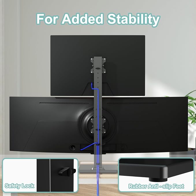 Suptek Dual Monitor Stand with Base Vertical Stack Screen Free-Standing Monitor Riser Fits Two Screen Max 36" & One Screen Max 43" with Swivel, Tilt, Height Adjustable,50,75 and 100mm Vesa Base Stand