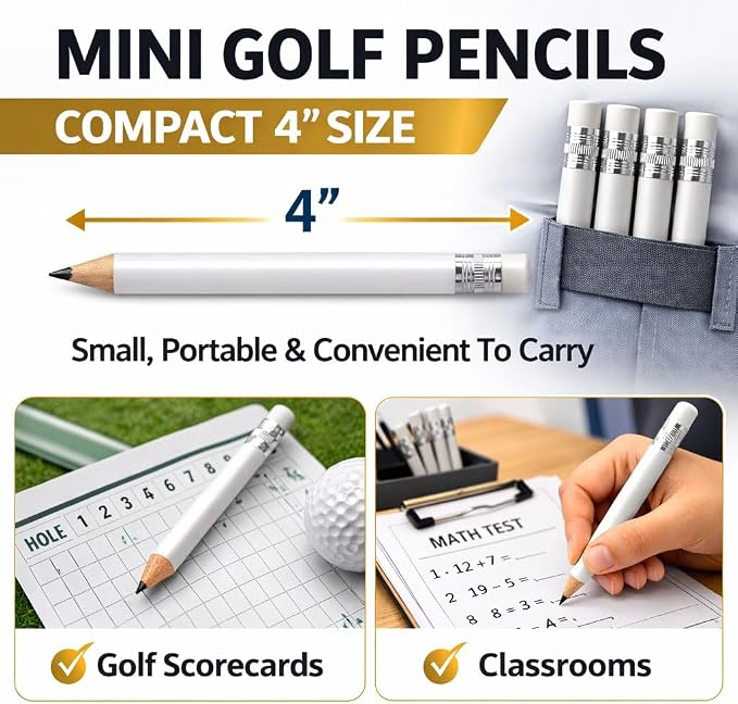 TH Golf 100pcs Golf Pencils, 4 Inch Mini Half Pencils with Eraser Sharpened Wood Mini Round for Schools Wedding Toddlers Home Corporate Multiple Colours (White)
